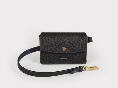 Ines  Coinpurse from Verlein, with Strap, in Jet Black.  Front view.