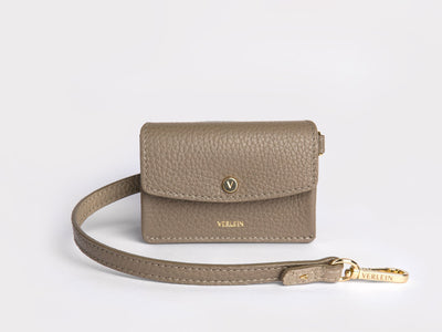 Ines  Coinpurse from Verlein, with Strap, in Taupe.  Front view.